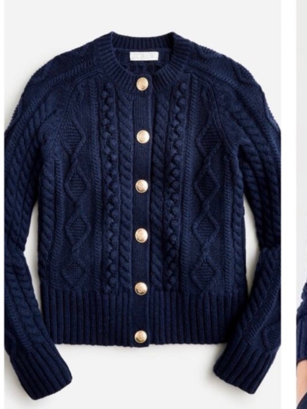 J. Crew Navy Cable Knit Cardigan Sweater Size XS Gold Buttons Wool Preppy Chic